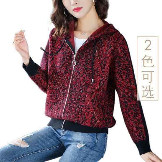 法睿儿|女式外套,-法睿儿仿貂绒休闲连帽针织外套（2色可选）